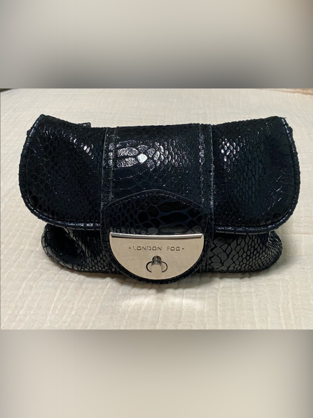London Fog Black Patent Snakeskin-Embossed Clutch with Silver Hardware
